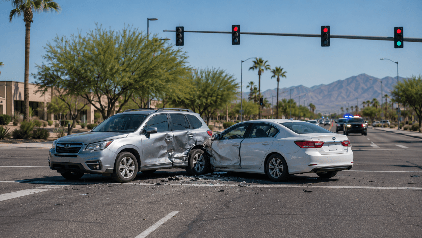 Choque entre dos autos en una intersección de Arizona, con una patrulla llegando al lugar